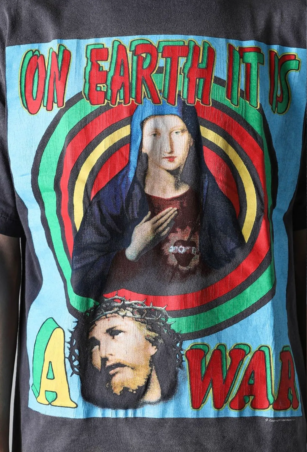 SAINT MICHAEL SS TEE/ON EARTH/BLK Jesus, Mary, Holy Infant Earth TEE Ready-to-wear Assut special piece dyeing, washed and distressed Vintage process, front and rear super complex super large printing, top purchasing agent technology